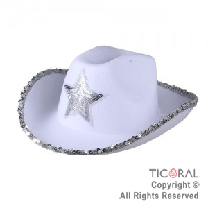 SOMBRERO COWBOY ESTRELLA Y LENTEJUELAS BLANCO Y PLATA x 1